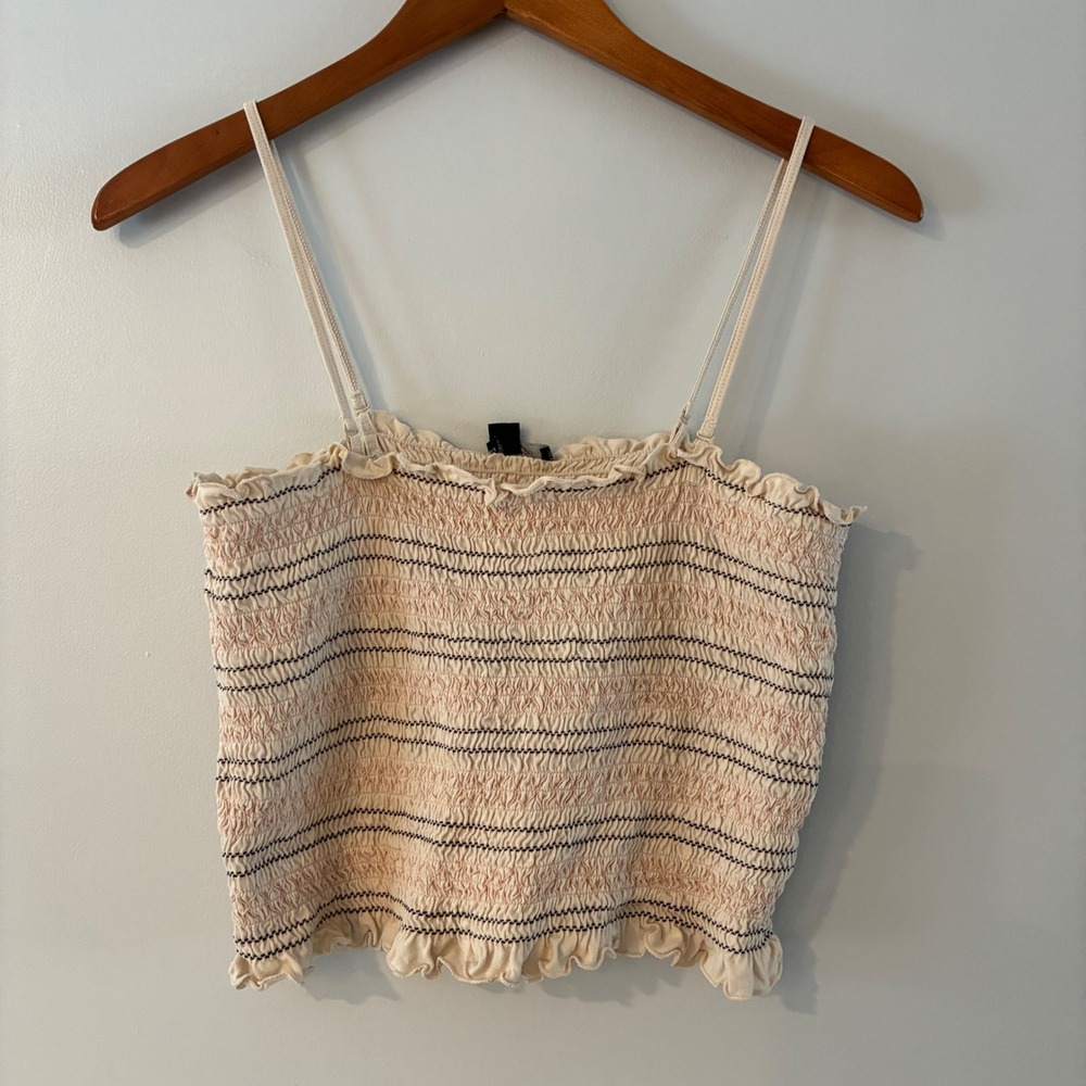 American Eagle Smocked Striped Camisole Top Cream Pink Black Large Boho Ruffle